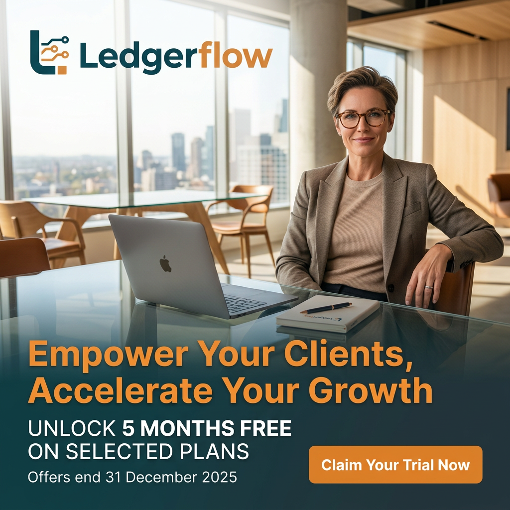 Confident businesswoman in glasses at a glass desk with a laptop in a sunny office, with Ledgerflow logo and offer
