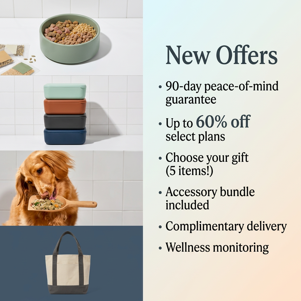 Photo column of a food bowl, stacked containers, a dog eating from a scoop and a tote bag beside a New Offers list