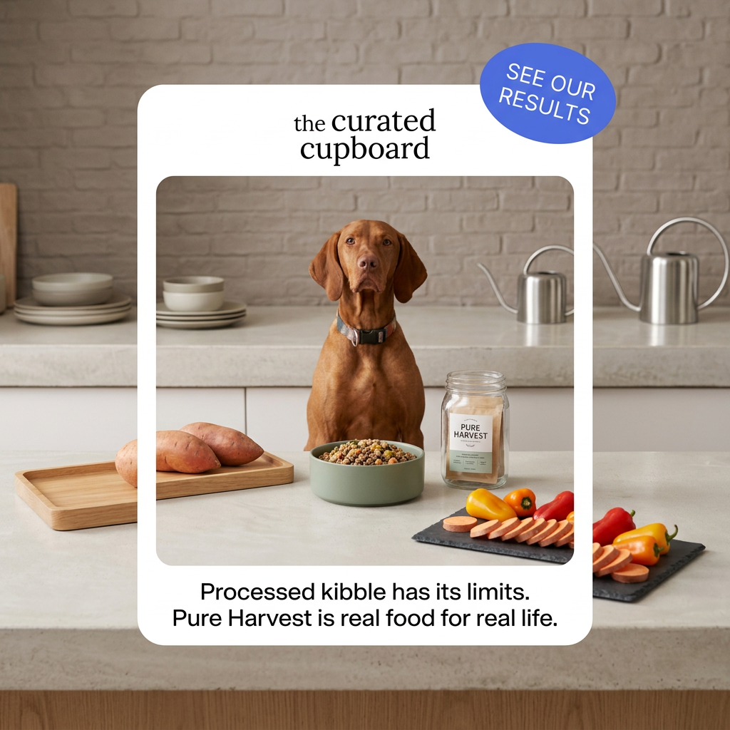 Vizsla behind a bowl of food in a styled kitchen with sweet potatoes, peppers and a Pure Harvest jar, in a white frame