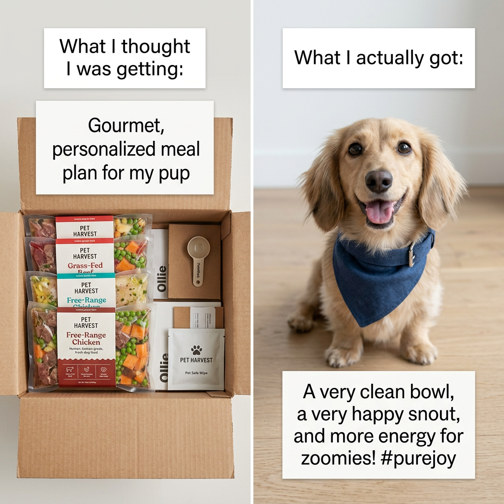 Open box of Pet Harvest fresh dog food packs beside a happy dachshund in a bandana, with expectation and reality captions