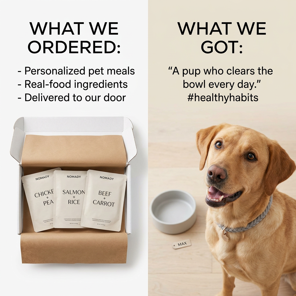 Open box of three Nomady meal pouches beside a smiling yellow Labrador and an empty bowl, with ordered and got captions