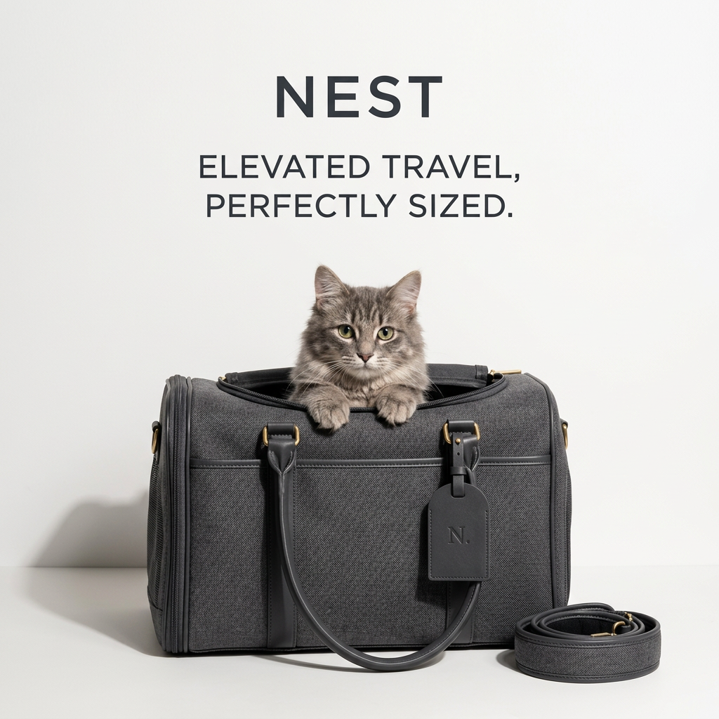 Grey tabby cat peeking out of a charcoal fabric carrier with leather handles and a monogram tag on a white background