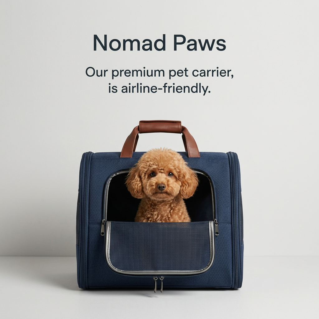 Red toy poodle looking out of the front window of a navy fabric pet carrier with brown leather handles