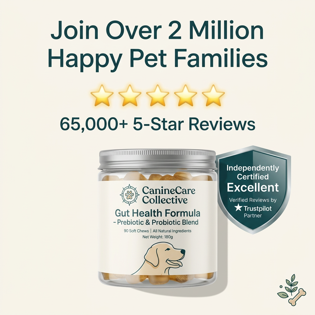 Clear jar of CanineCare Collective gut health dog chews under a headline about 2 million pet families and five-star reviews