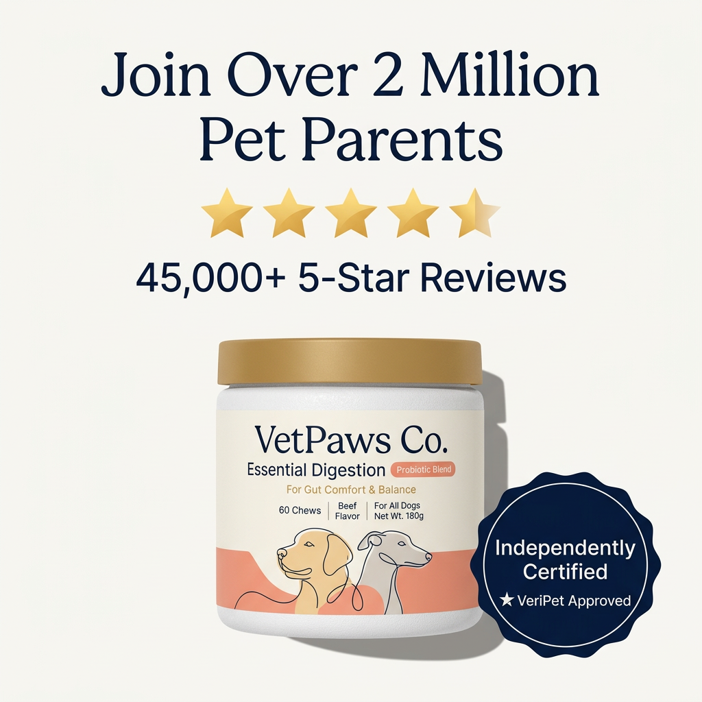 VetPaws Co. probiotic chew tub with line-drawn dogs and a navy certification seal under a 2 million pet parents headline