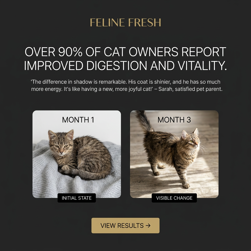 Two photos of a tabby cat, curled up on a blanket at month 1 and standing alert in sunlight at month 3, on black