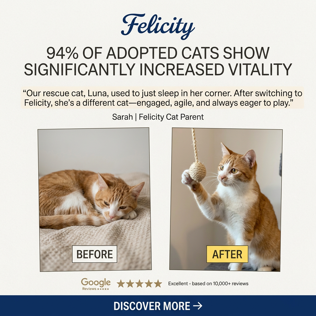 Orange and white cat curled up asleep in a before photo and batting a rope toy in an after photo, with review stars