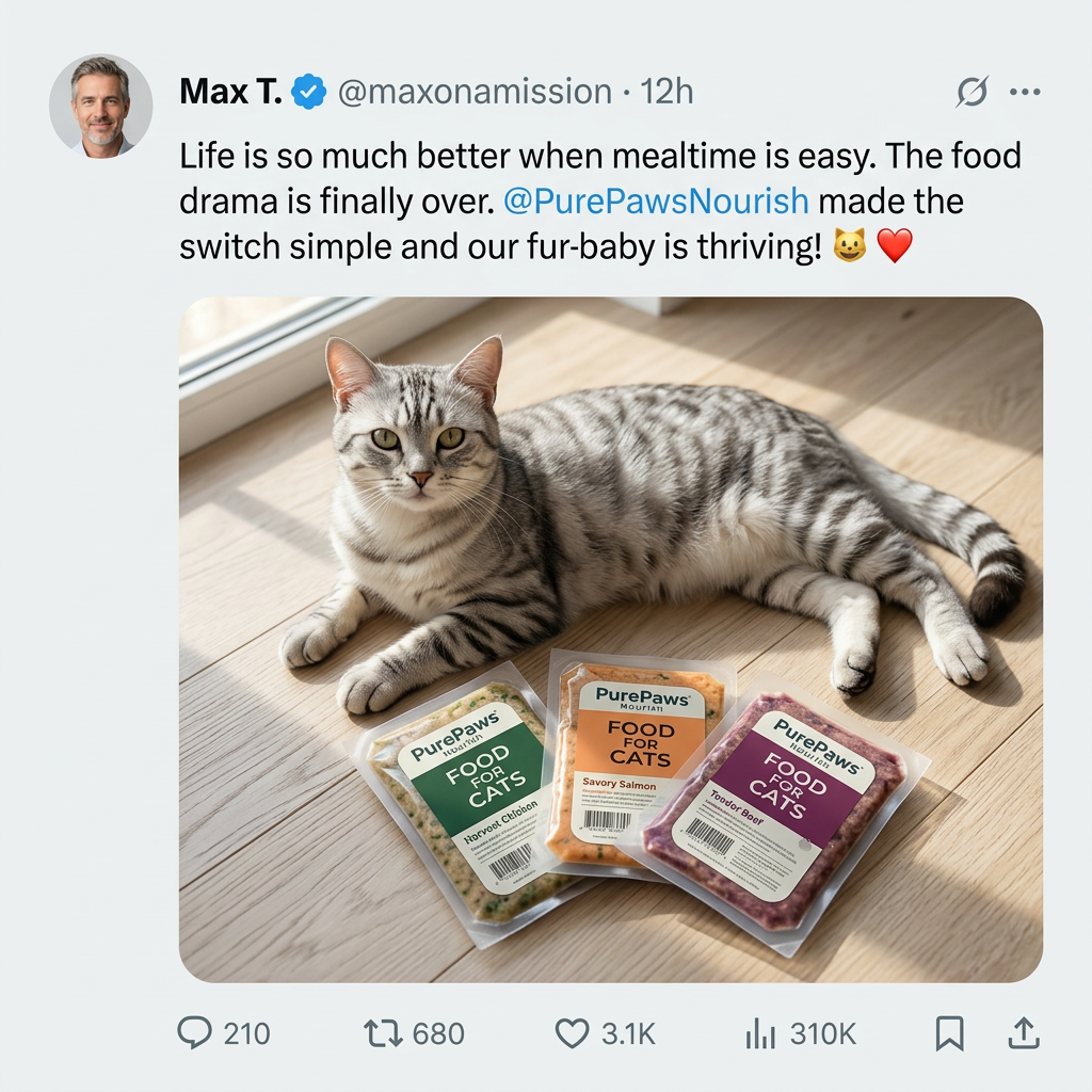 Mock social post with a customer's message above a photo of a silver tabby cat lying beside three packs of fresh cat food
