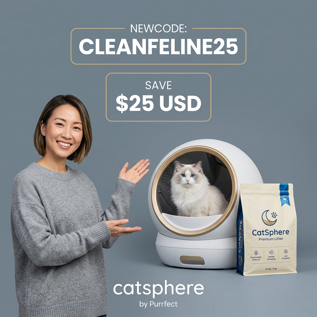 Smiling woman presenting a round self-cleaning litter box with a ragdoll cat inside and a bag of litter, under a promo code