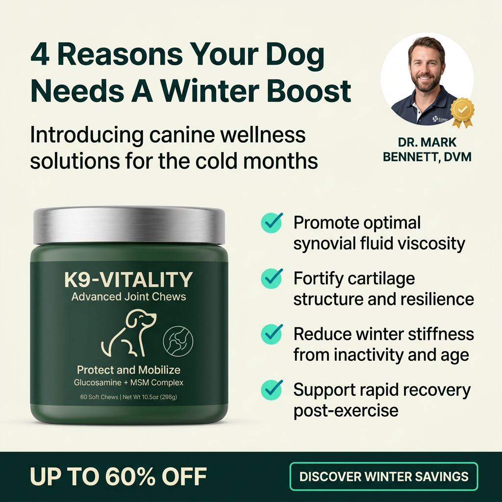Green jar of K9-Vitality joint chews beside four checkmarked benefits, a vet portrait and an up to 60% off banner