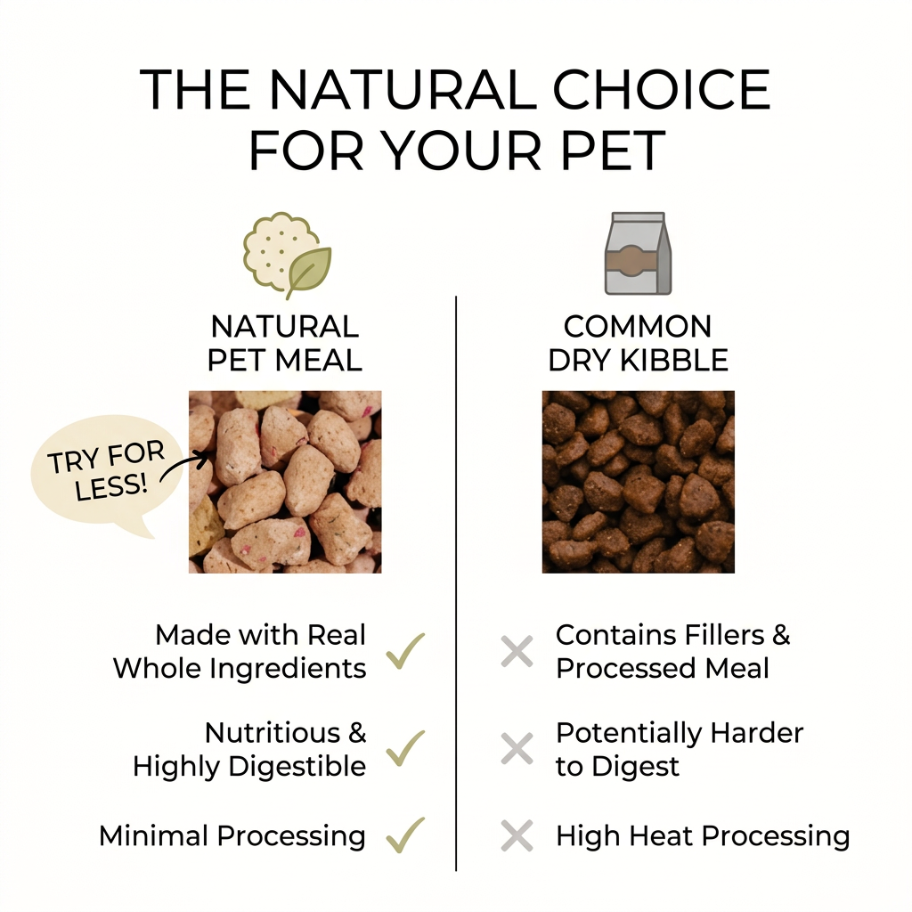 Side-by-side comparison of natural pet food chunks and dark dry kibble, with ticks on one side and crosses on the other