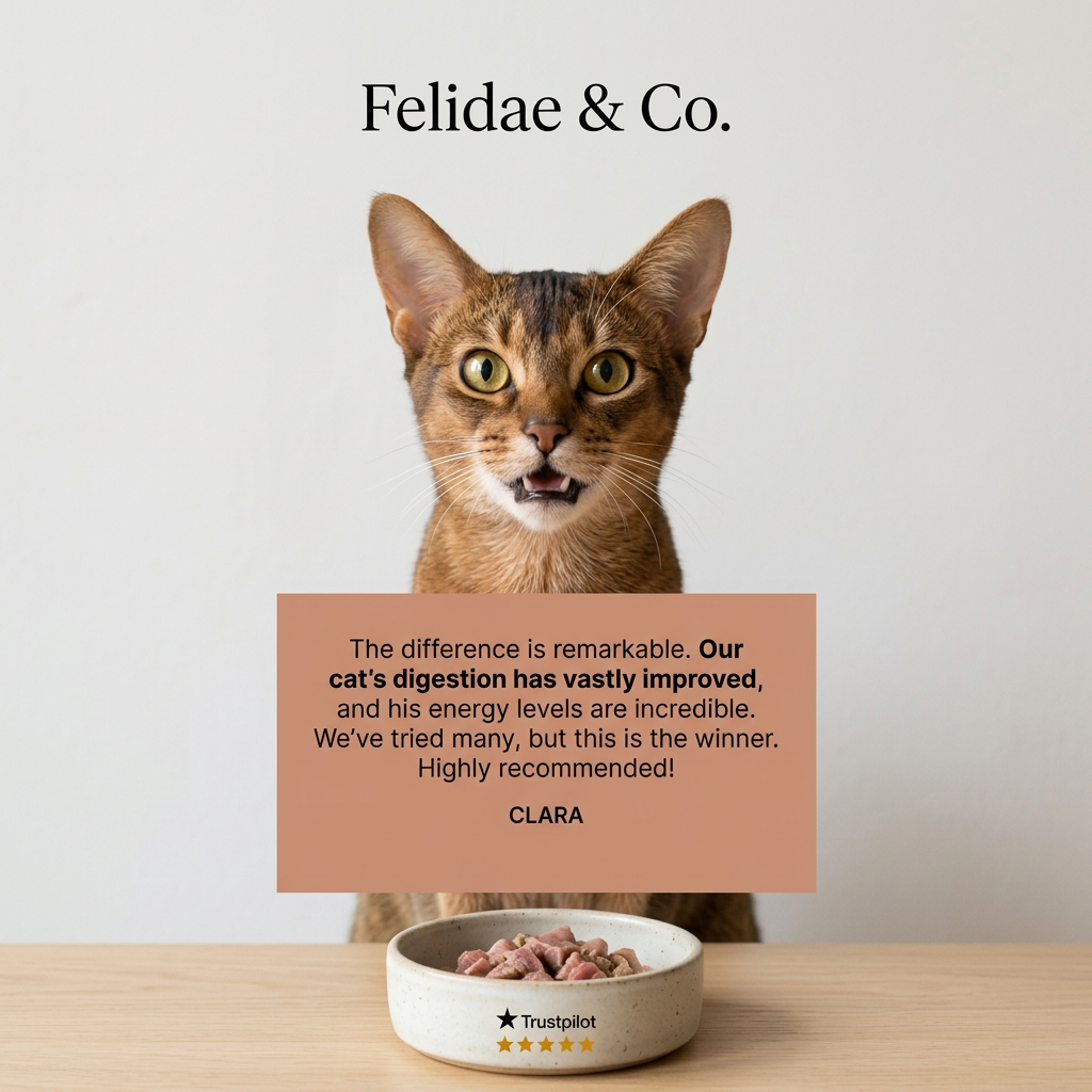 Abyssinian cat peering over a terracotta review card about better digestion, above a bowl of wet cat food