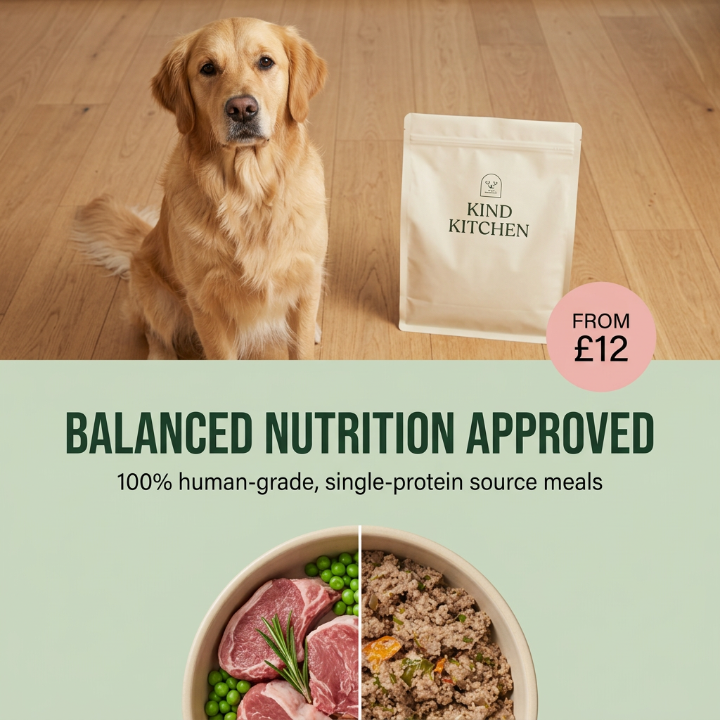 Golden retriever beside a Kind Kitchen pouch above a bowl split between raw lamb with peas and cooked dog food