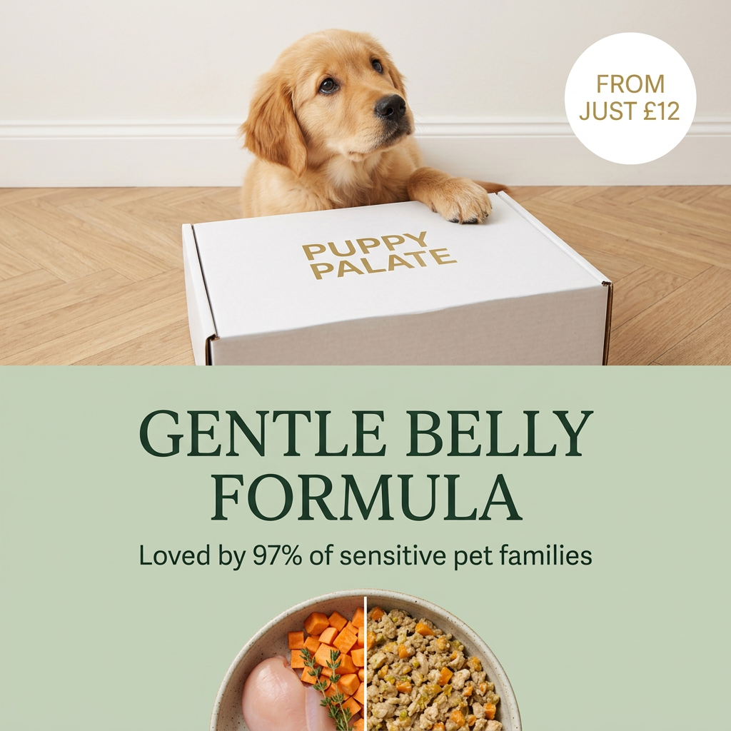 Golden retriever puppy resting a paw on a white Puppy Palate box above a bowl split between raw chicken and cooked food
