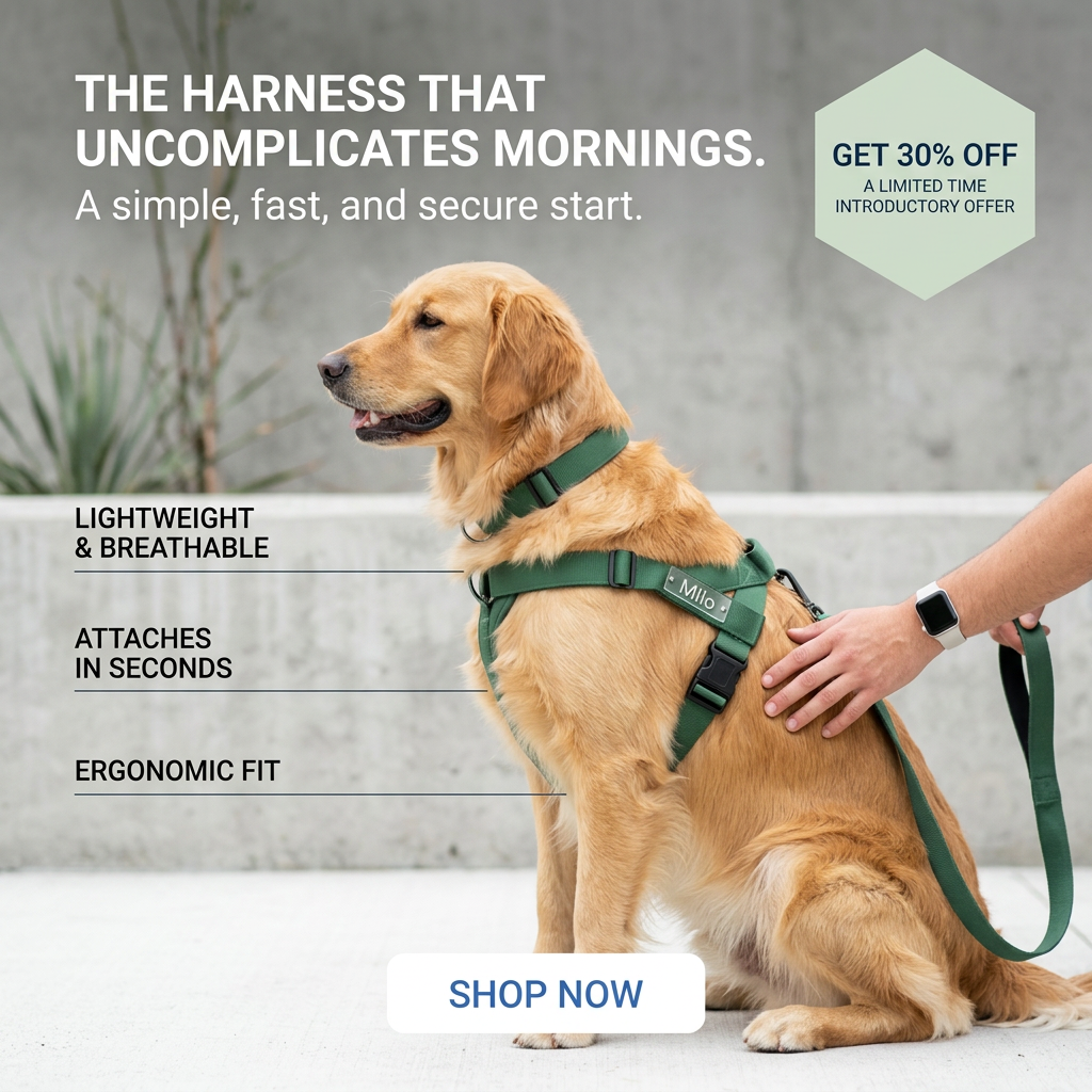 Golden retriever in a green harness with a Milo name plate, with line callouts for fit and a 30% off badge