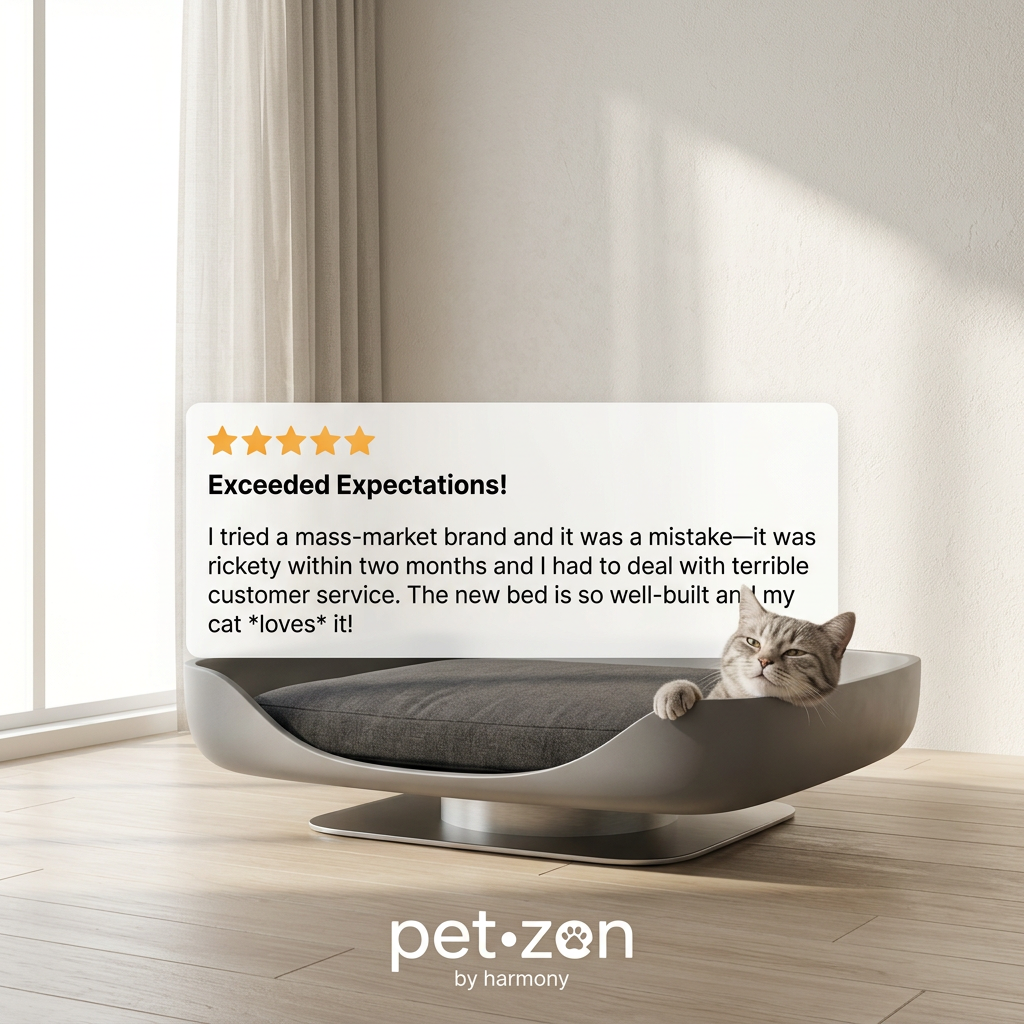 Tabby cat lounging in a sculptural grey cat bed on a steel base in a sunlit room, with a five-star review overlay