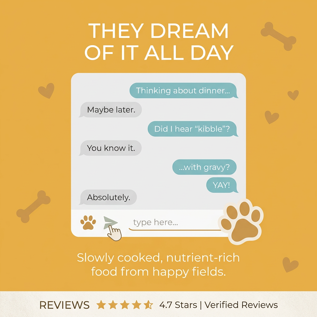 Text message chat about dinner and kibble with gravy on a mustard yellow background with bone doodles and a review bar