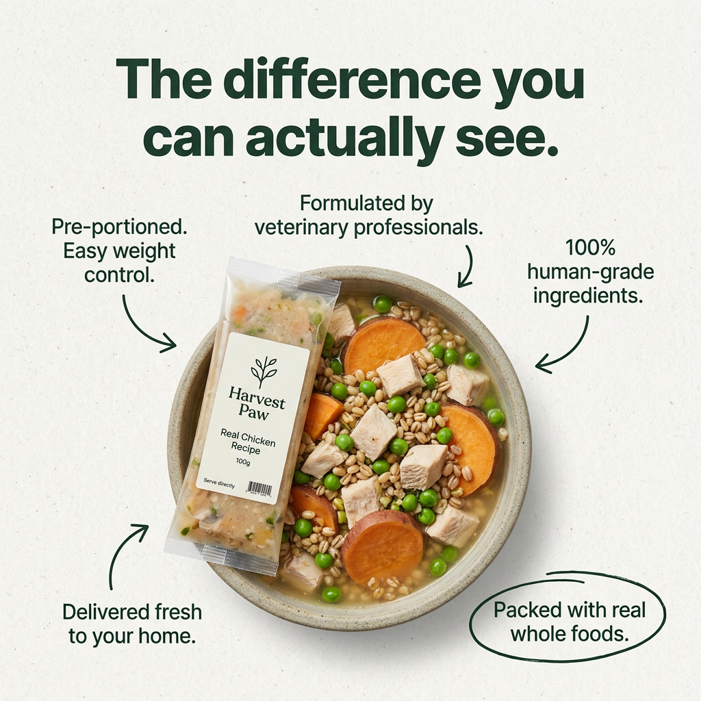 Overhead bowl of chicken, sweet potato, peas and grains with a Harvest Paw pack, surrounded by hand-drawn arrow callouts