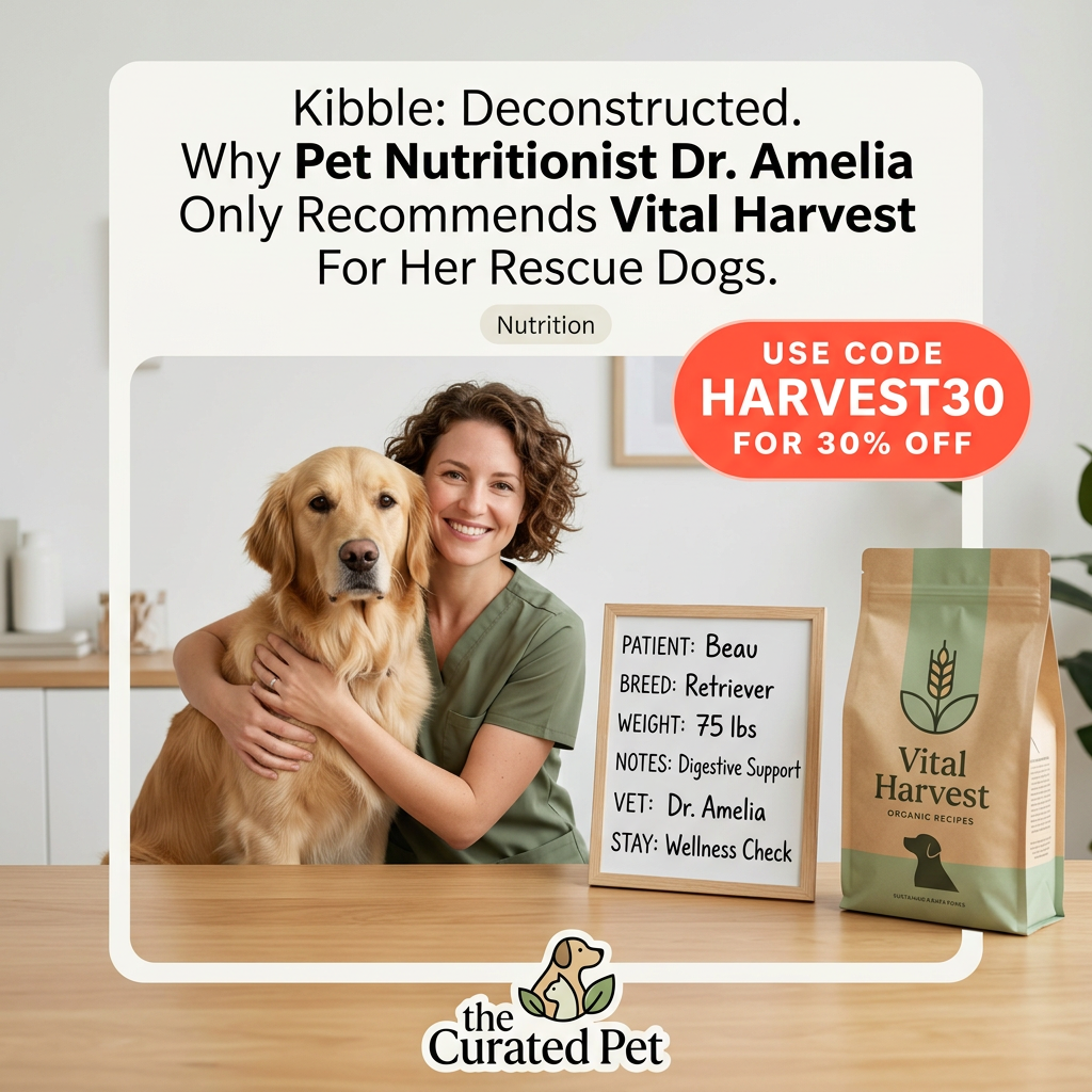 Woman in green scrubs hugging a golden retriever beside a patient whiteboard and a Vital Harvest bag, with a promo code