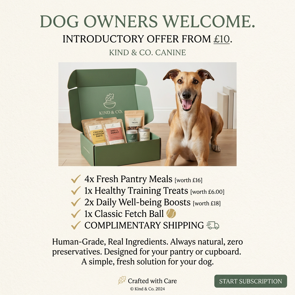 Smiling tan lurcher beside an open green Kind & Co. starter box of meals and treats, above a checklist of included items
