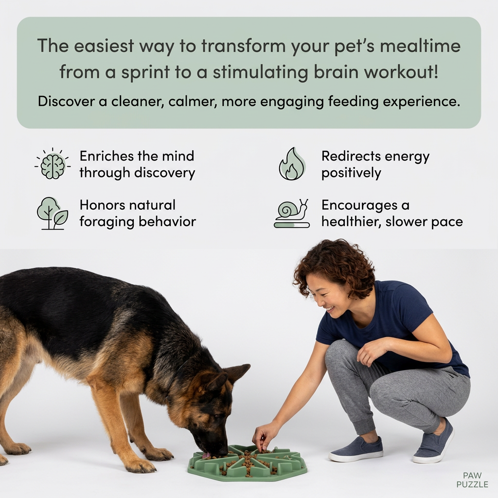 German Shepherd eating from a green puzzle slow feeder while a smiling woman adds kibble, under four benefit icons