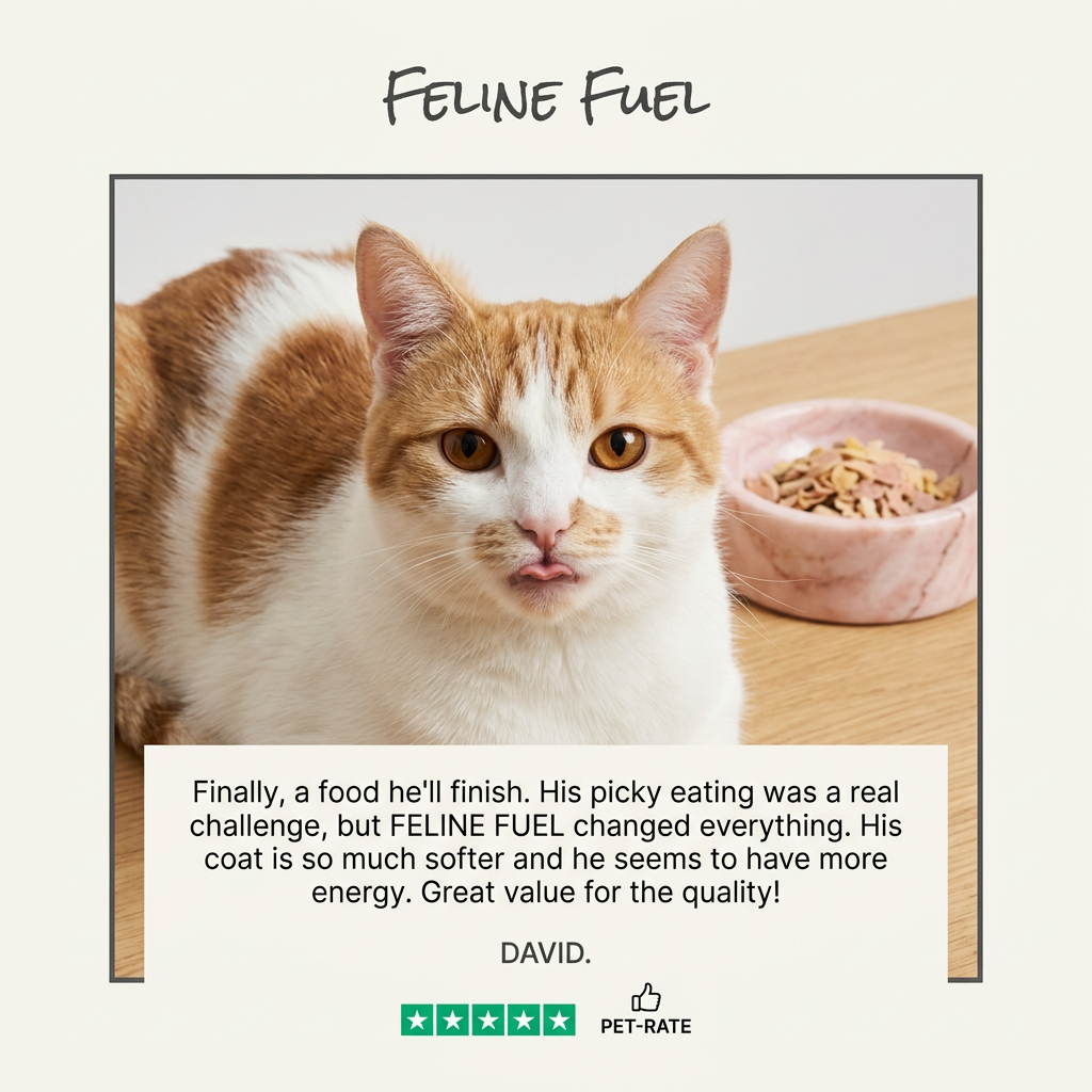 Ginger and white cat licking its lips beside a pink marble bowl of food, with a customer review and five green stars below
