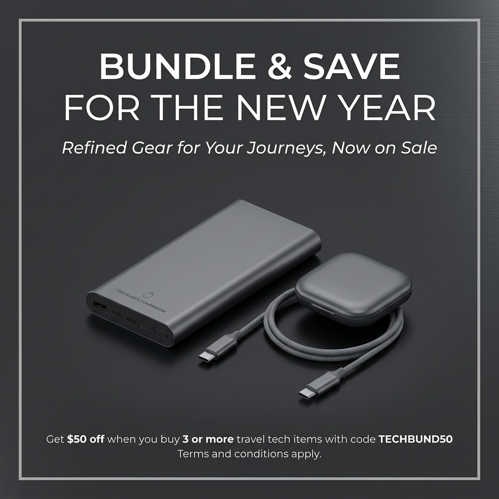 Slim grey power bank, braided USB-C cable and compact charger on a dark brushed-metal background with a bundle promo code