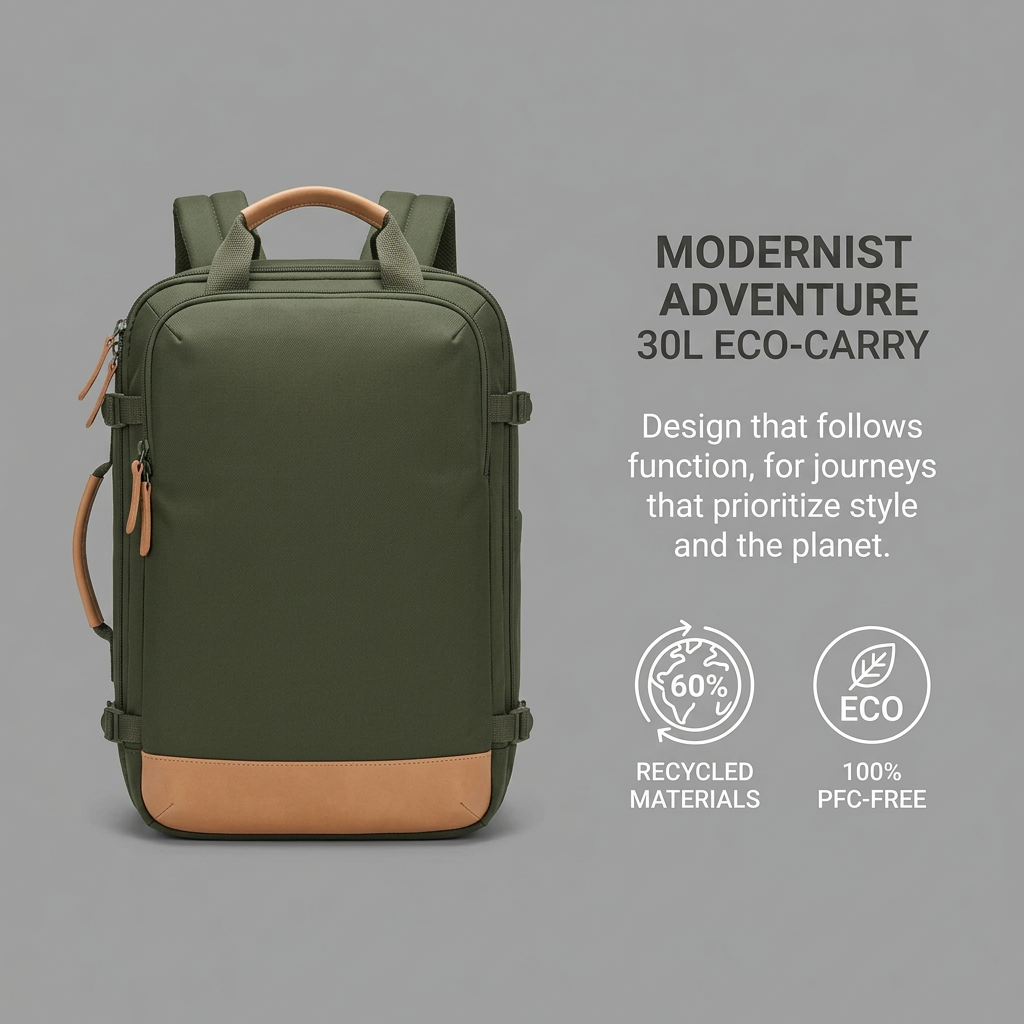 Olive green 30L backpack with tan leather handle and base on grey, beside badges for 60% recycled and PFC-free