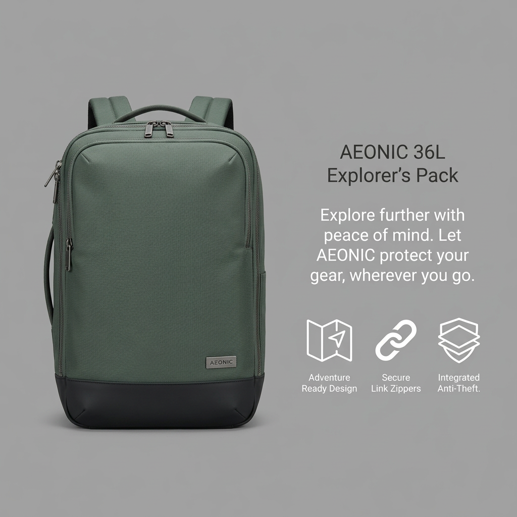 Dark sage 36L backpack with black base on grey, beside three icons for adventure design, link zippers and anti-theft