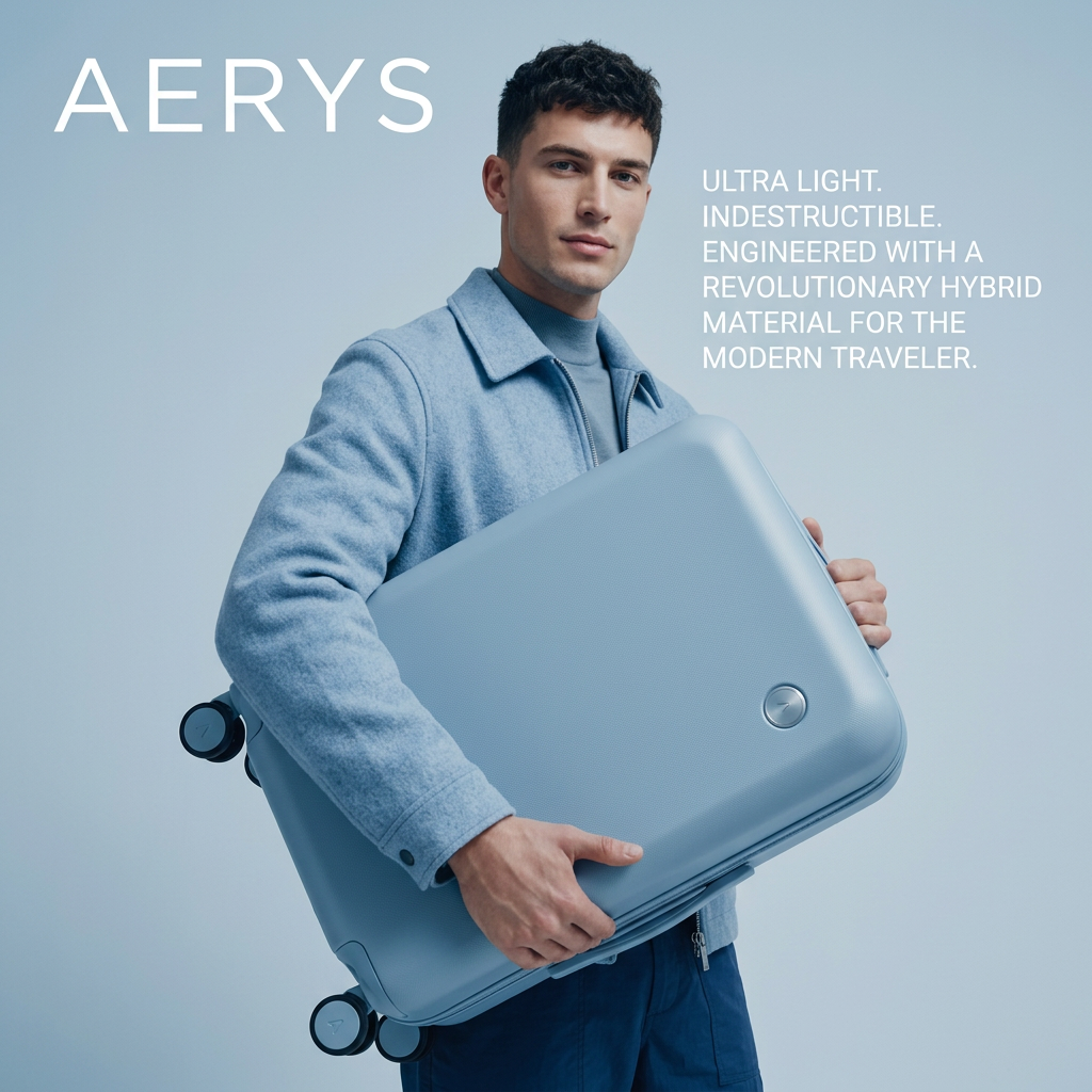 Man in a blue wool jacket hugging a powder blue hard-shell suitcase against a matching blue background