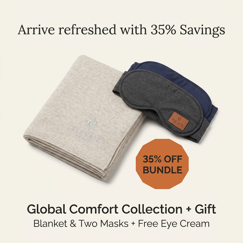 Folded oatmeal knit travel blanket and two sleep masks on cream, with an orange 35% off bundle badge