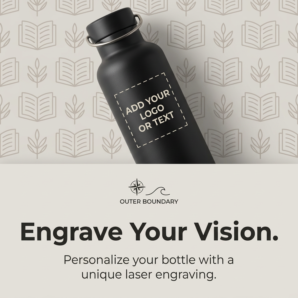Matte black insulated water bottle with a dashed add your logo or text box, above an Engrave Your Vision headline