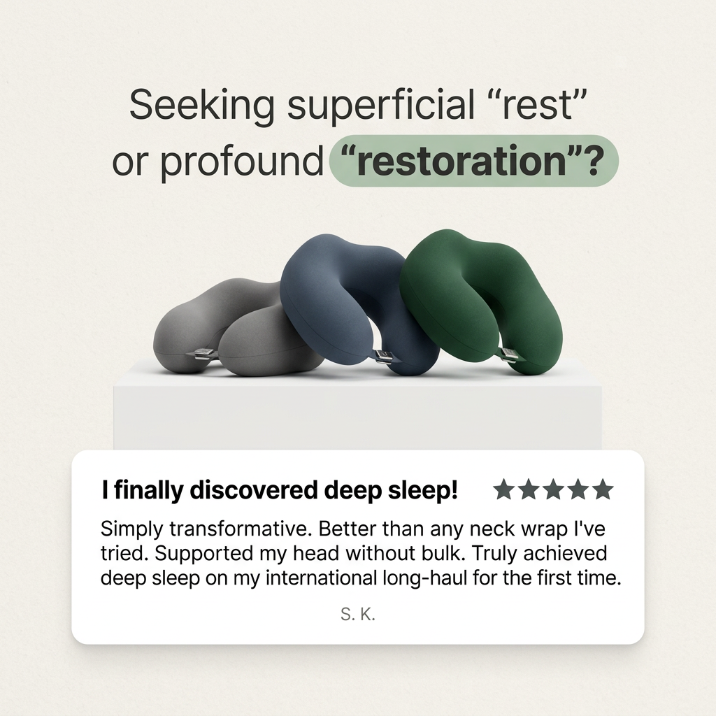 Three travel neck pillows in grey, slate blue and forest green on a white plinth above a five-star review card