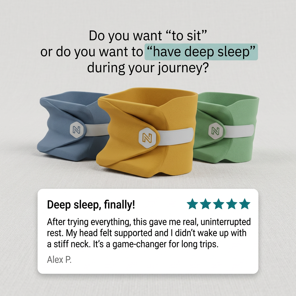 Three structured travel neck wraps in blue, mustard and green with white straps, above a five-star review card