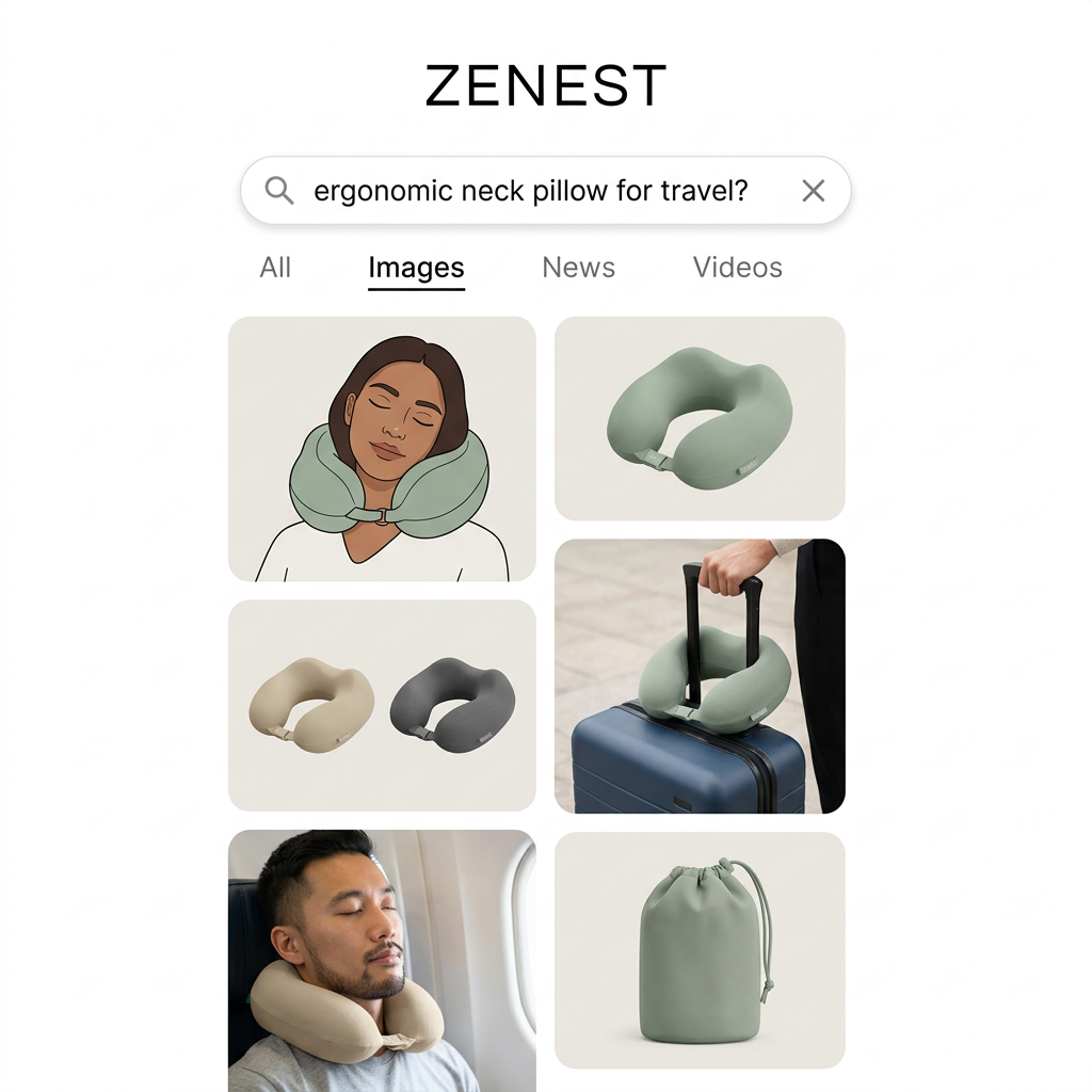 Search bar asking about ergonomic neck pillows above an image grid of sage and sand neck pillows in use and on luggage