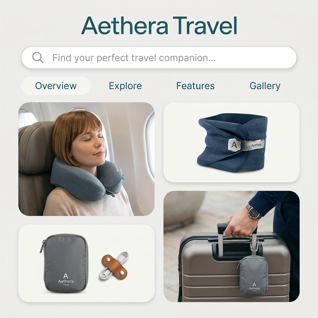 Collage of a traveller asleep in a neck pillow on a plane, a navy neck wrap, a grey pouch and a pouch clipped to a suitcase