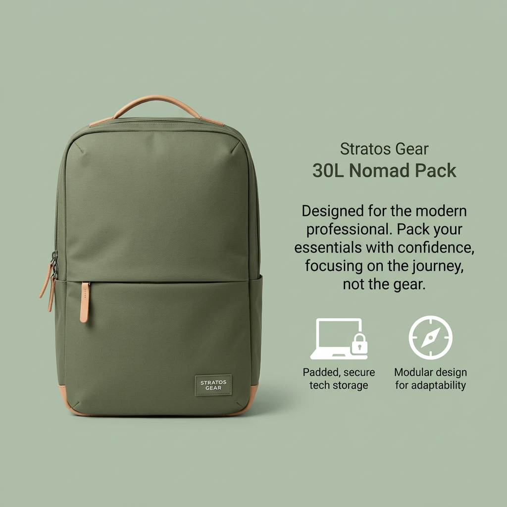 Olive green 30L backpack with tan leather handle and trim on a sage background, beside two icon callouts
