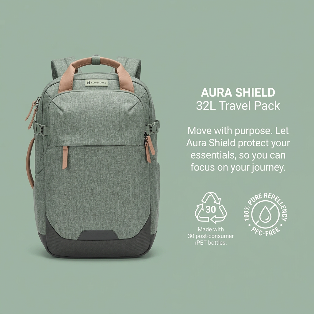 Heather sage 32L travel backpack with leather trim beside icons for 30 recycled bottles and a PFC-free finish