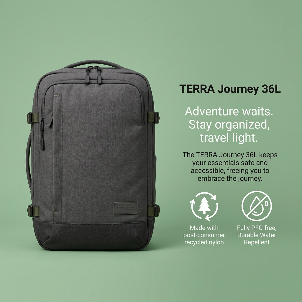Charcoal 36L travel backpack with olive compression straps on sage green, beside icons for recycled nylon and PFC-free finish