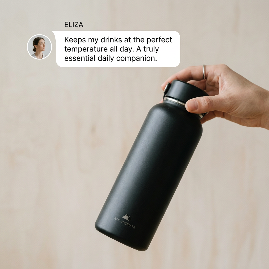 Hand holding a matte black insulated water bottle against plywood, with a chat bubble review from a customer