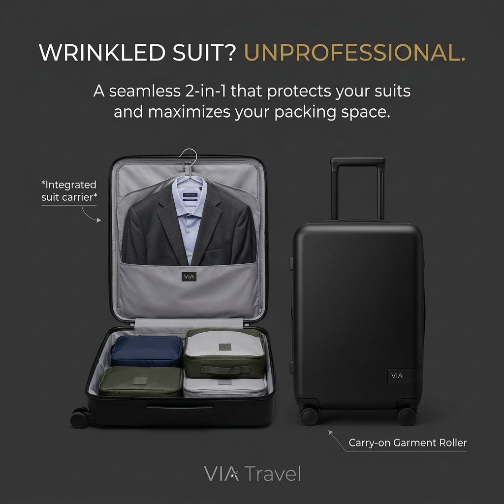 Open black carry-on with a suit jacket hanging inside above packing cubes, beside the same roller closed and upright