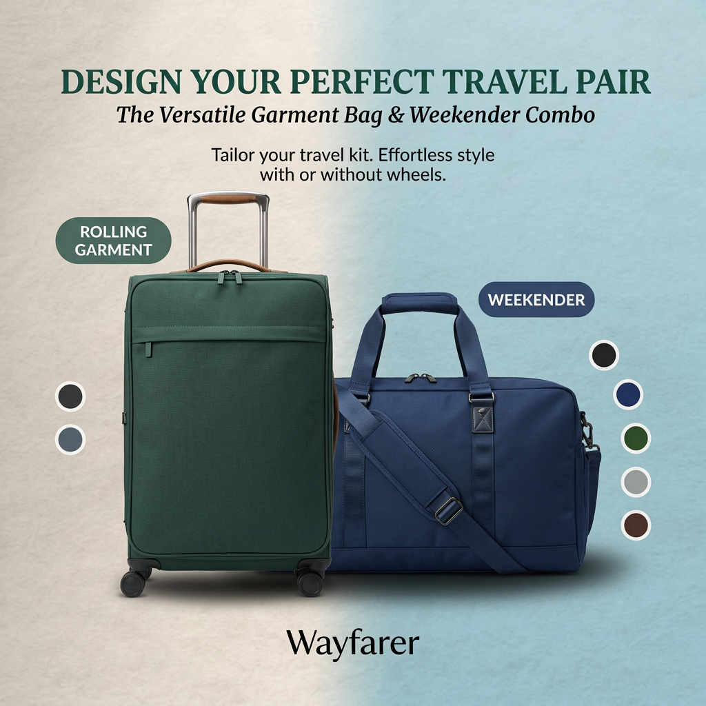 Green rolling suitcase and navy weekender duffel side by side with colour swatches, on a beige and blue background