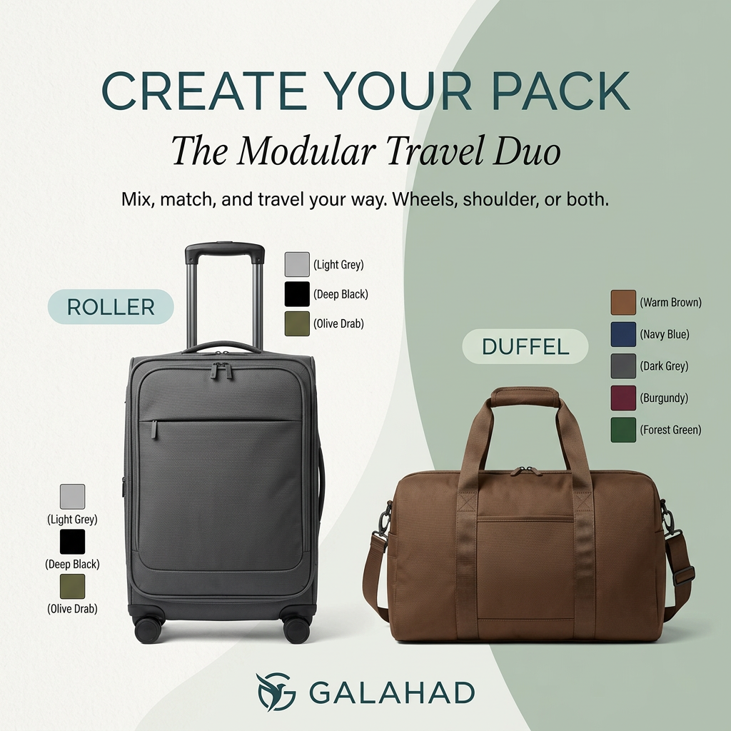 Charcoal soft-sided carry-on roller and brown canvas duffel with named colour swatches on a white and sage background