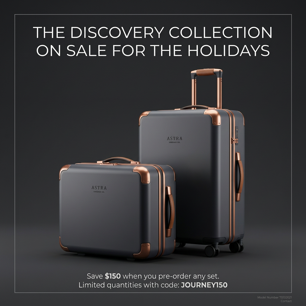 Two charcoal hard-shell suitcases with copper corners and handles on a dark background, with a holiday promo code