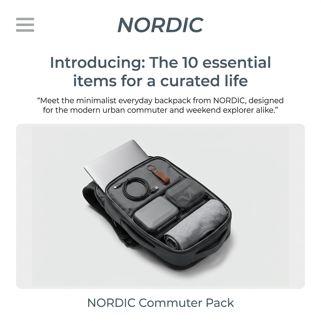Open dark grey commuter backpack packed with a laptop, cable, key fob, pouches and a rolled jumper under an article headline