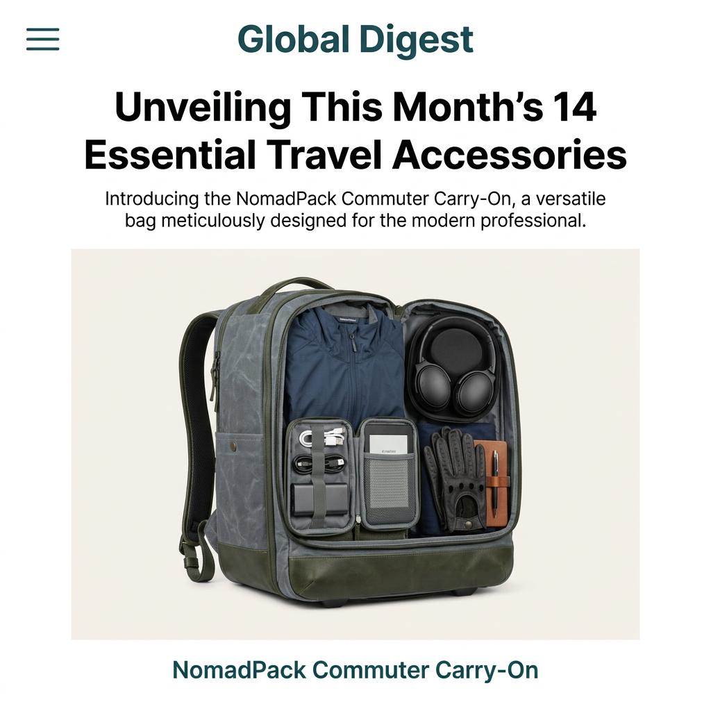 Open grey and olive carry-on backpack packed with a jacket, tech organiser, headphones, leather gloves and a notebook