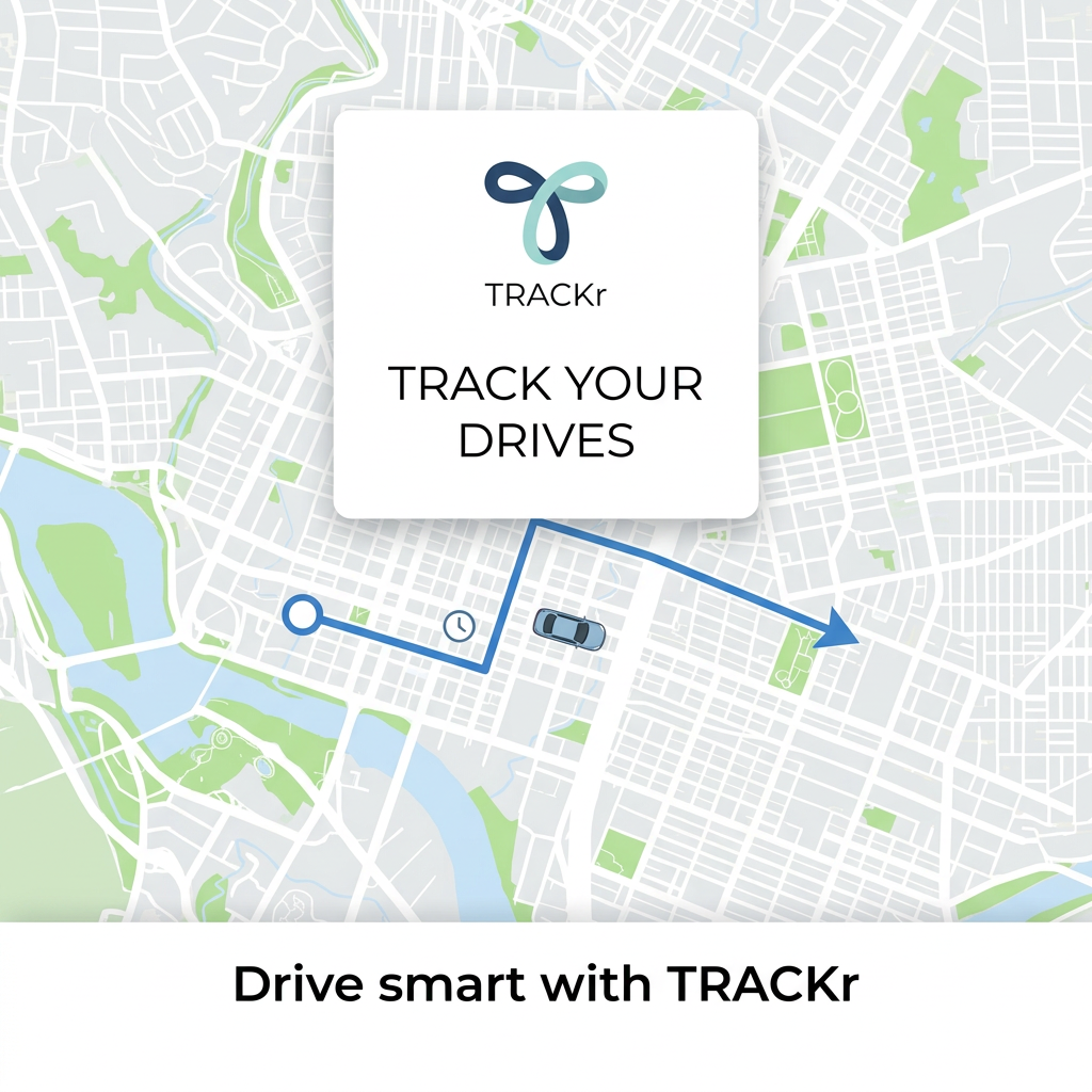 Light city map with a blue driving route, a car icon and a white card showing the TRACKr logo and Track Your Drives