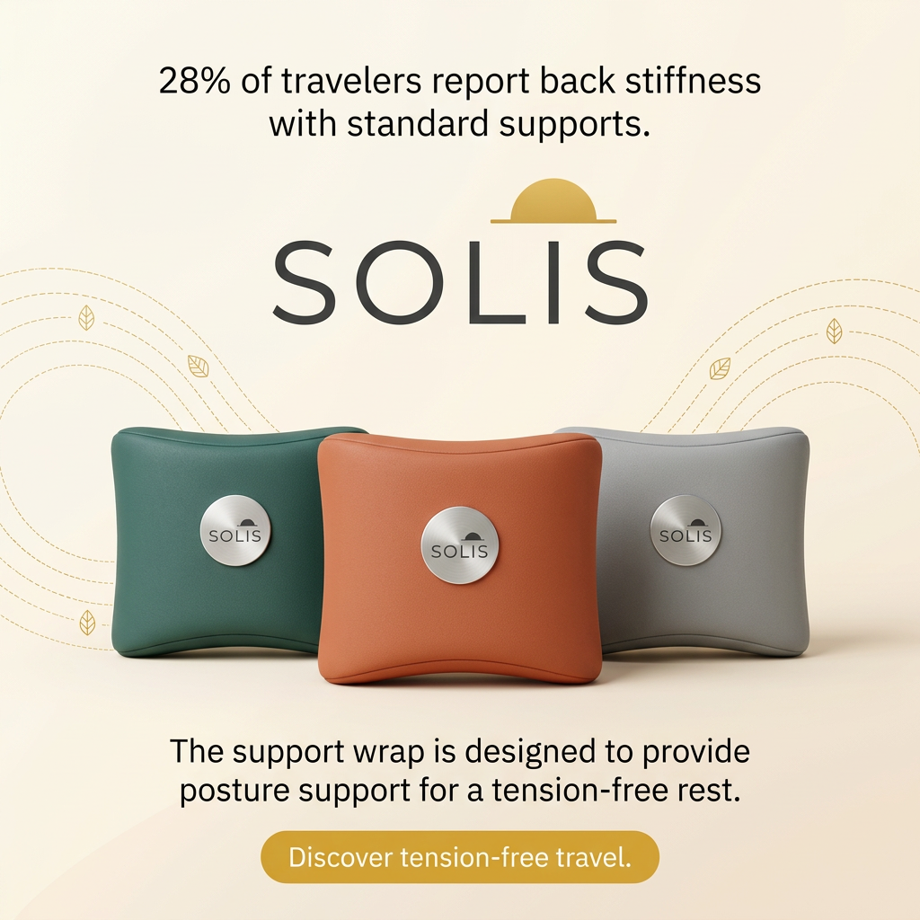 Three soft square support cushions in green, terracotta and grey with silver SOLIS badges, under a back stiffness statistic