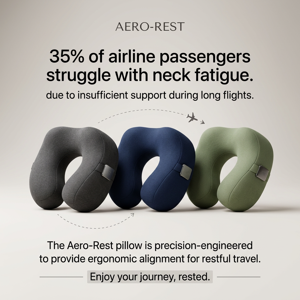 Three textured neck pillows in charcoal, navy and sage under a neck fatigue statistic, with a dotted flight path and plane