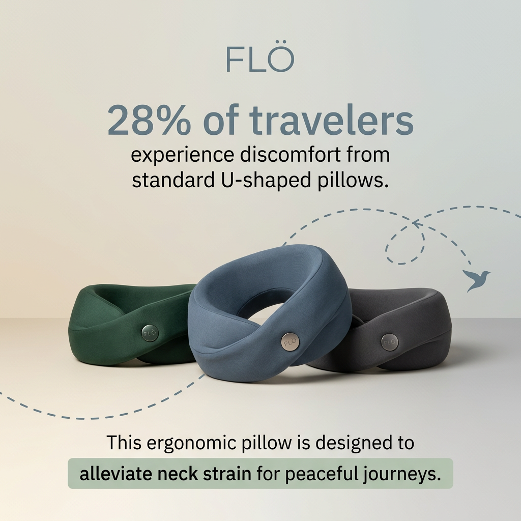 Three twisted ergonomic neck pillows in forest green, slate blue and charcoal under a statistic about U-shaped pillows